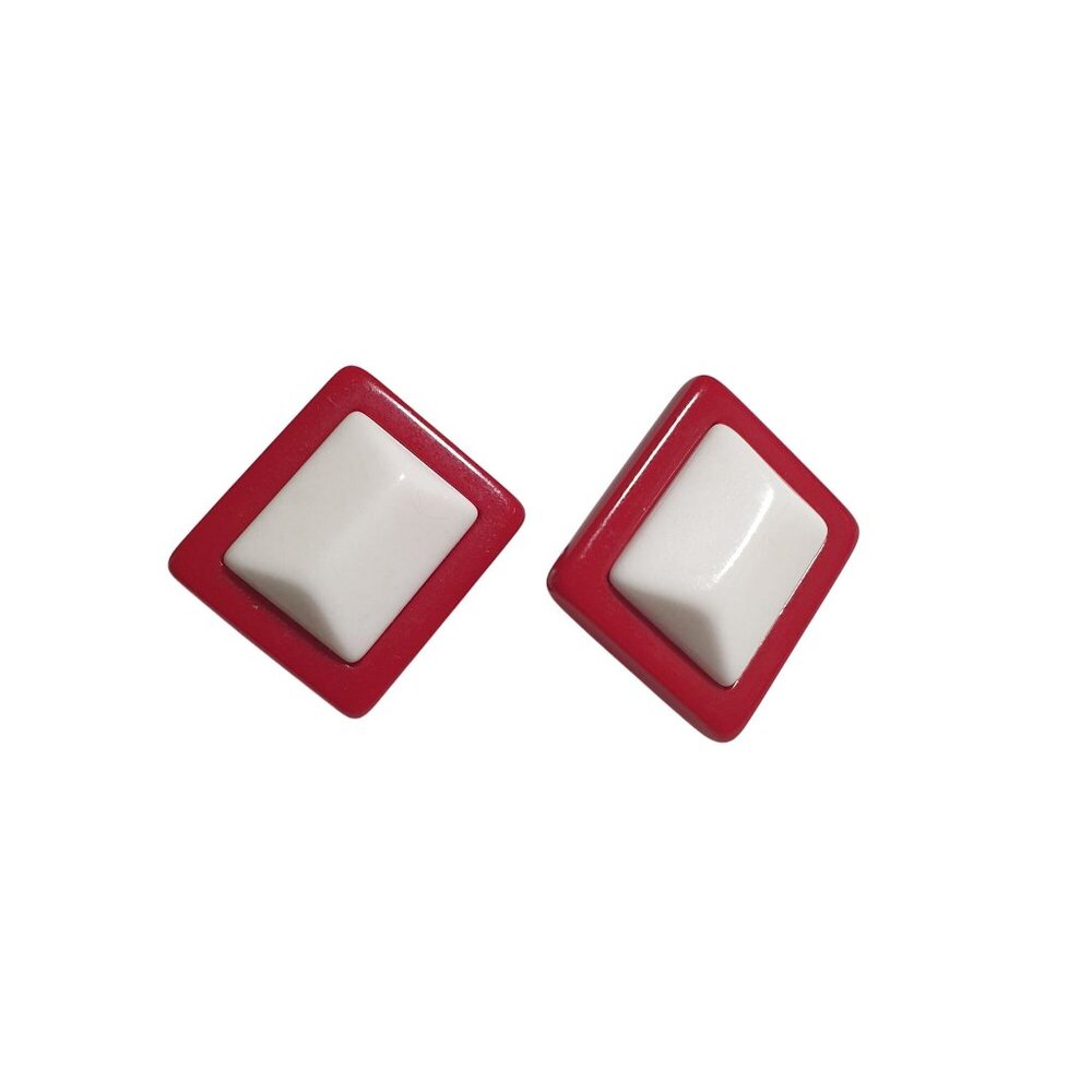 Retro Square Red White Clip-On Earrings Vintage Jewelry Fashion Granny Core Gift
